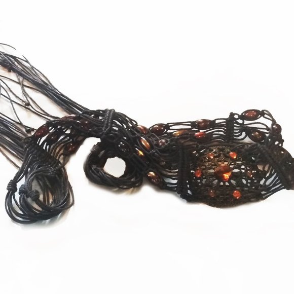 Vintage 1970's Brown Macrame Tie Belt With Glass Beads & Faux Amber Stones - Picture 5 of 11
